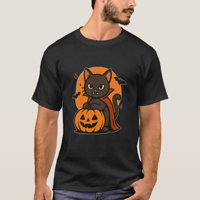 Vampire Cat with Pumpkin Moon T-Shirt (Front)
