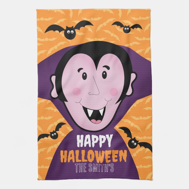 Vampire Dracula Bats Kids Cute Happy Halloween  Tea Towel (Vertical)