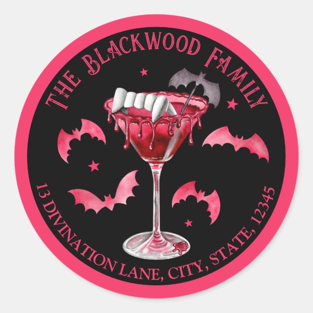 Vampire Fang Martini Halloween Return Address Classic Round Sticker (Front)