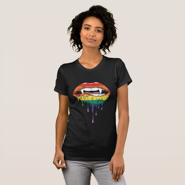 Vampire Fangs Dripping Rainbow Lips | Edgy Pop Art T-Shirt (Front Full)