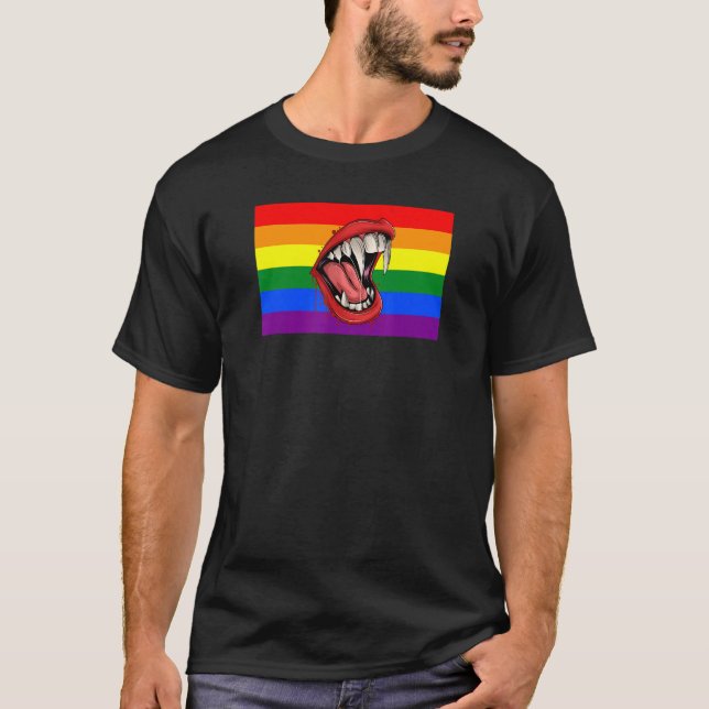 Vampire Fangs Teeth Gay Pride Flag Halloween Party T-Shirt (Front)