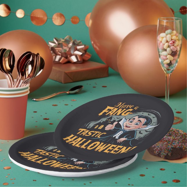 Vampire Funny Have a Fang-Tastic Halloween Paper Plate (Multi)