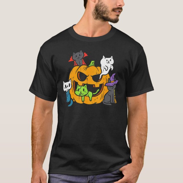Vampire Ghost Zombie Witch Cats In Pumpkin Cute Ha T-Shirt (Front)