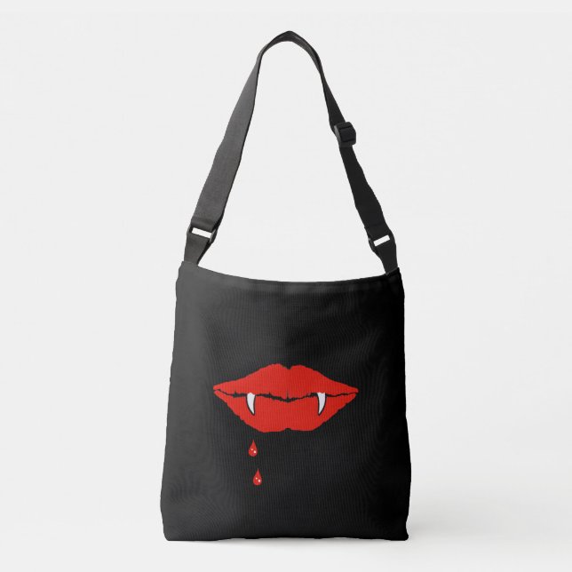 Vampire lips with fangs dripping blood on black crossbody bag (Front)