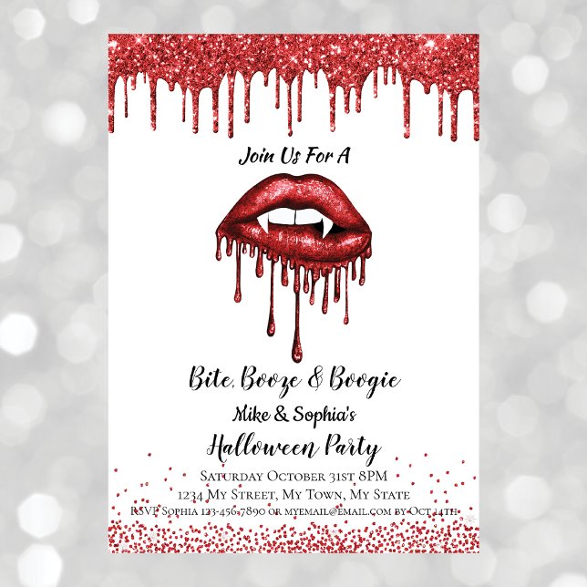 Vampire red glitter lips Halloween party white Invitation (Creator Uploaded)