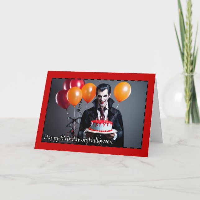 Vampire with Birthday Cake - Halloween Birthday Holiday Card (Front)