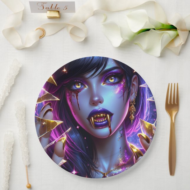 Vampire with Gold Eyes and Teeth Halloween Paper Plate (Wedding)