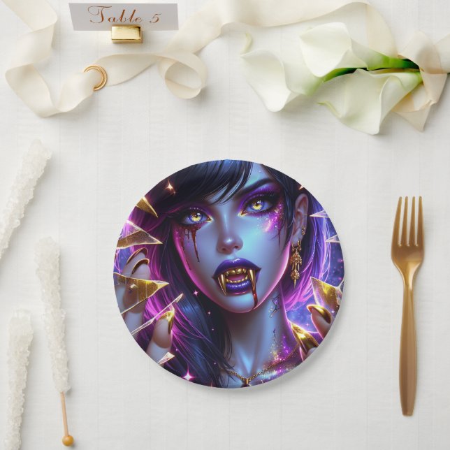 Vampire with Gold Eyes and Teeth Halloween Paper Plate (Wedding)