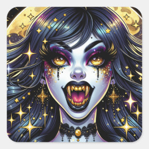 Vampire with Gold Fangs Full Moon Halloween Party Square Sticker