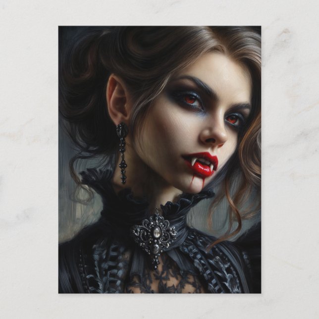 Vampire Woman With Fangs Gothic Portrait Postcard (Front)