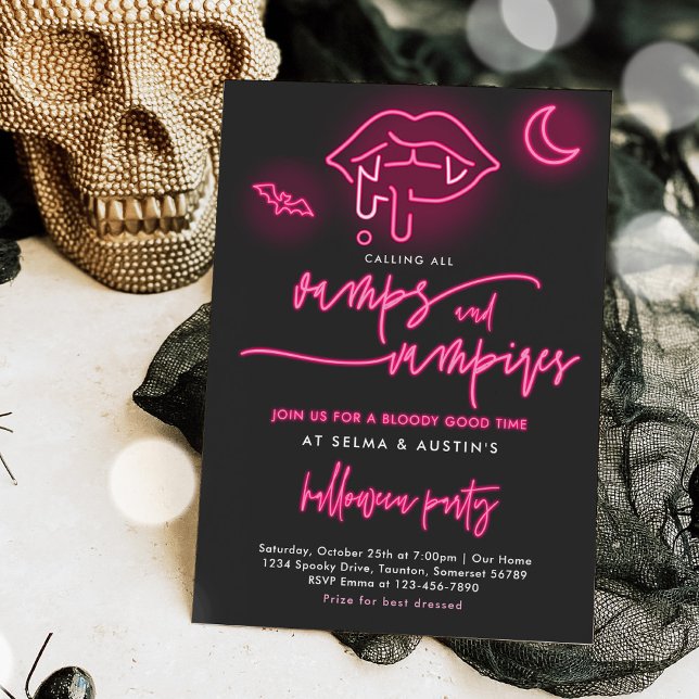 Vamps And Vampires Neon Halloween Cocktail Party Invitation (Creator Uploaded)
