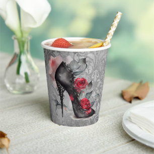 Vampy Spiked Stiletto   Red Rose High Heel Grunge Paper Cups