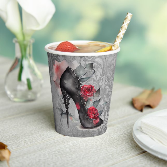 Vampy Spiked Stiletto | Red Rose High Heel Grunge Paper Cups (Insitu)