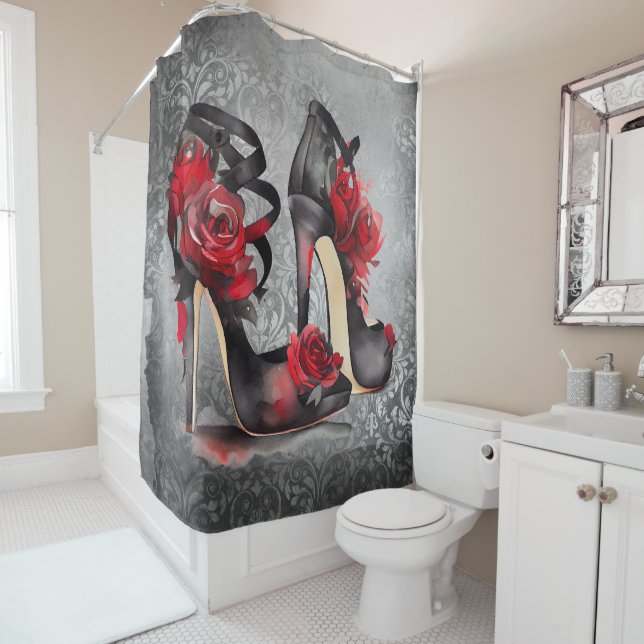 Vampy Strappy Stilettos | Red Rose Heels on Grunge Shower Curtain (In Situ)