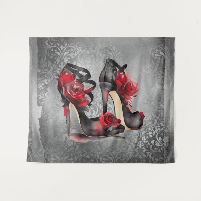 Vampy Strappy Stilettos | Red Rose Heels on Grunge Tapestry (Front (Horizontal))