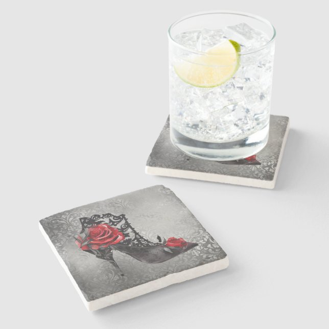Vampy Vogue Grunge | Stiletto Lace Bootie Roses Stone Coaster (Side)
