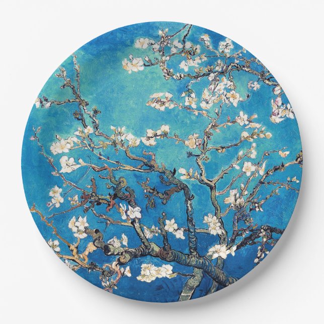 Van Gogh Almond Blossoms bright turquoise Paper Plate (Front)