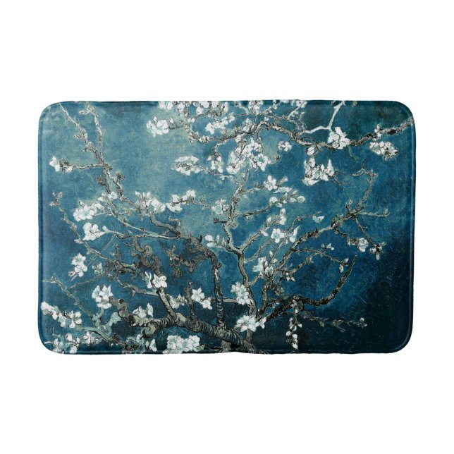 Van Gogh Almond Blossoms : Dark Teal Bath Mat (Front)