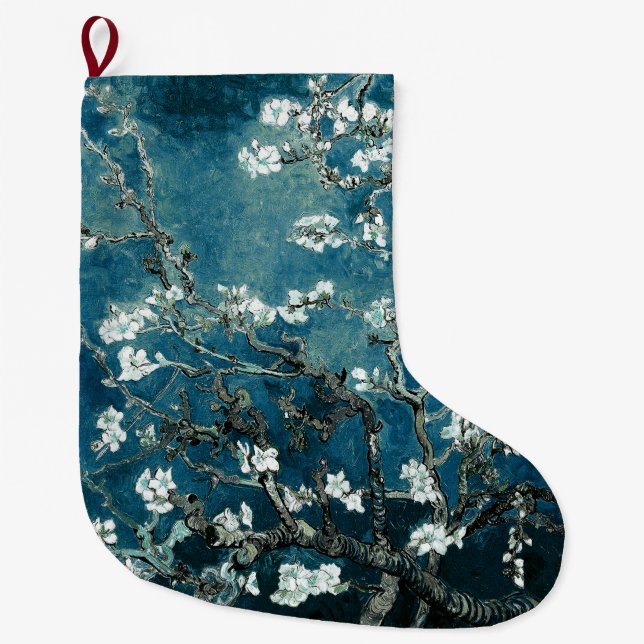 Van Gogh Almond Blossoms Dark Teal Large Christmas Stocking (Front)