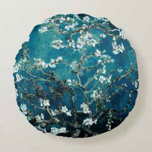Van Gogh Almond Blossoms : Dark Teal Round Cushion