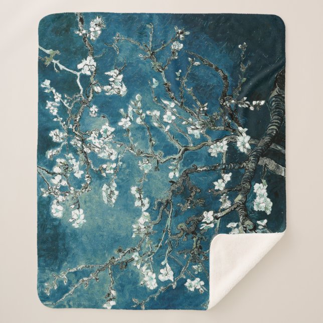 Van Gogh Almond Blossoms : Dark Teal Sherpa Blanket (Front)