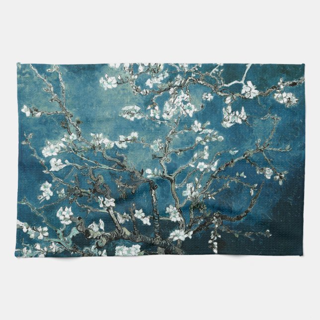 Van Gogh Almond Blossoms Dark Teal Tea Towel (Horizontal)