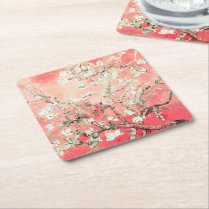 Van Gogh Almond Blossoms Peach Square Paper Coaster