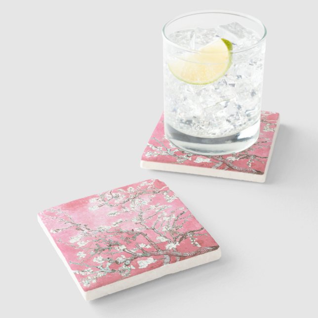 Van Gogh Almond Blossoms Pink Blue Stone Coaster (Side)
