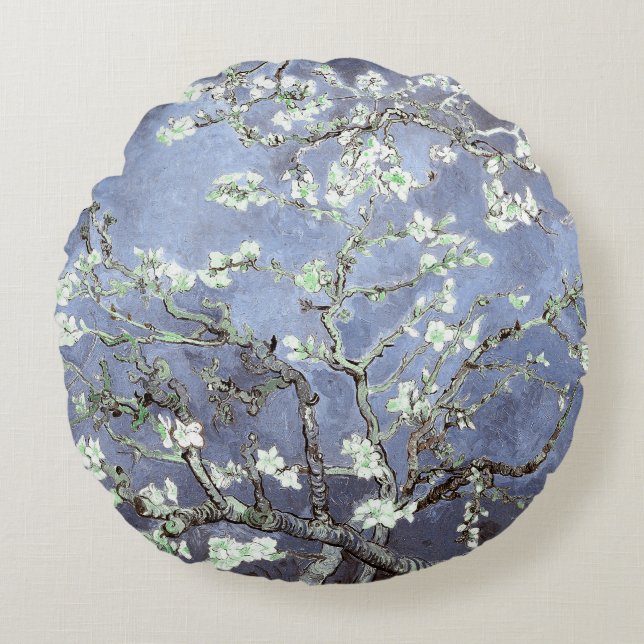 Van Gogh Almond Blossoms Steel Blue Round Cushion (Front)