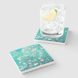 Van Gogh Almond Blossoms Turquoise Stone Coaster