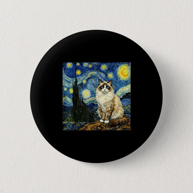 Van Gogh Art Starry Night - Funny Ragdoll Cat Arti 6 Cm Round Badge (Front)
