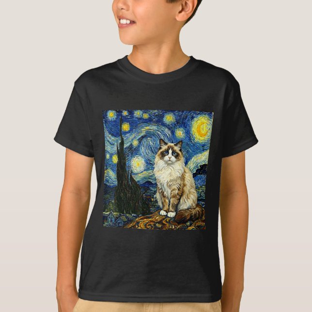 Van Gogh Art Starry Night - Funny Ragdoll Cat Arti T-Shirt (Front)