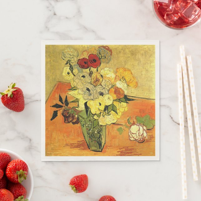 Van Gogh artwork, Japanese Vase with Roses, Napkin (Insitu)