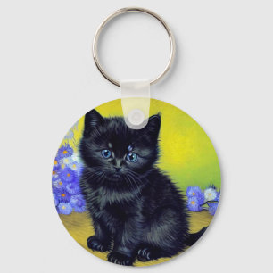 Van Gogh Black Cat Purple Flowers Key Ring