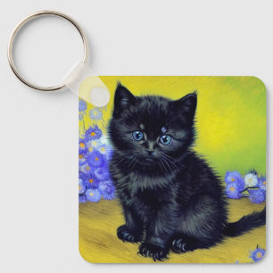 Van Gogh Black Cat Purple Flowers Key Ring