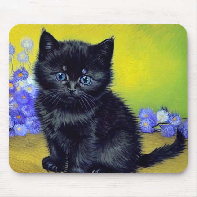 Van Gogh Black Cat Purple Flowers Mouse Pad (Front)