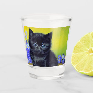 Van Gogh Black Cat Purple Flowers Shot Glass