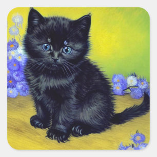 Van Gogh Black Cat Purple Flowers Square Sticker