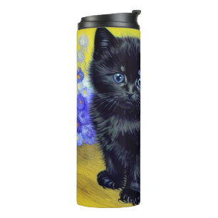 Van Gogh Black Cat Purple Flowers Thermal Tumbler