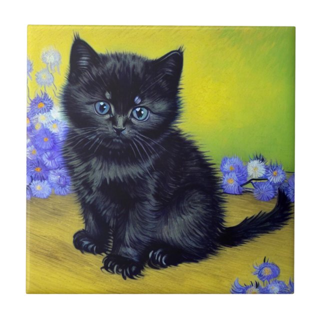 Van Gogh Black Cat Purple Flowers Tile (Front)