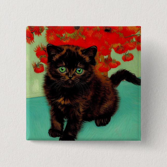 Van Gogh Black Cat Red Flowers 15 Cm Square Badge (Front)