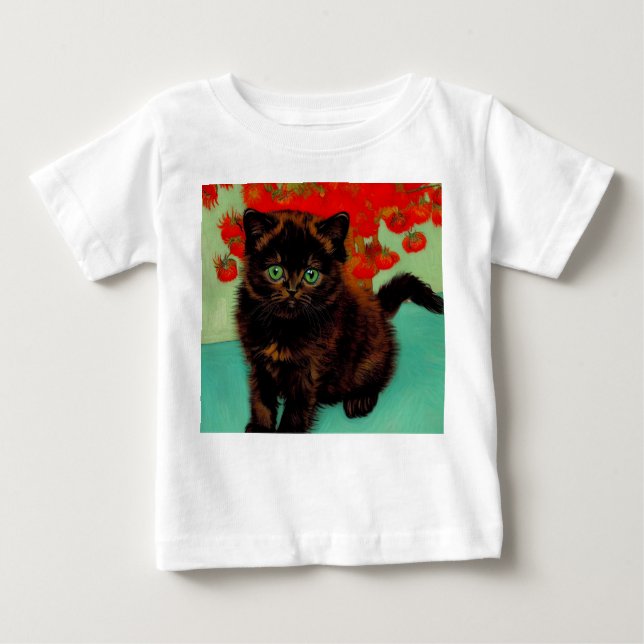 Van Gogh Black Cat Red Flowers Baby T-Shirt (Front)