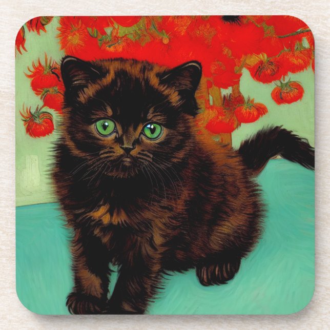Van Gogh Black Cat Red Flowers Coaster (Front)