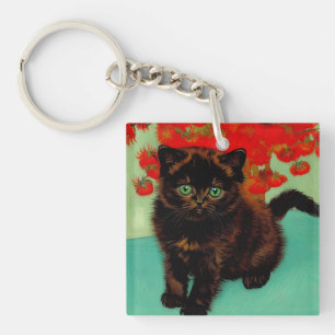 Van Gogh Black Cat Red Flowers Key Ring