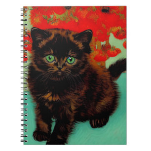Van Gogh Black Cat Red Flowers Notebook