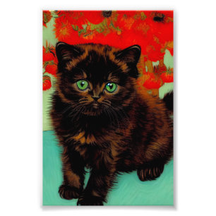 Van Gogh Black Cat Red Flowers Photo Print