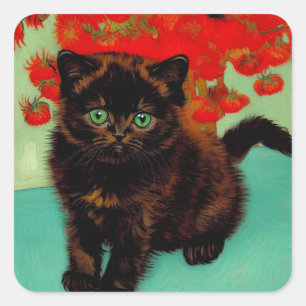 Van Gogh Black Cat Red Flowers Square Sticker