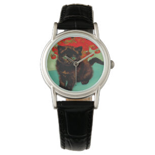Van Gogh Black Cat Red Flowers Watch