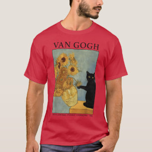 Van Gogh Black Cat With Sunflowers Funny Cat famil T-Shirt
