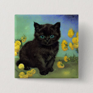 Van Gogh Black Cat Yellow Flowers 15 Cm Square Badge